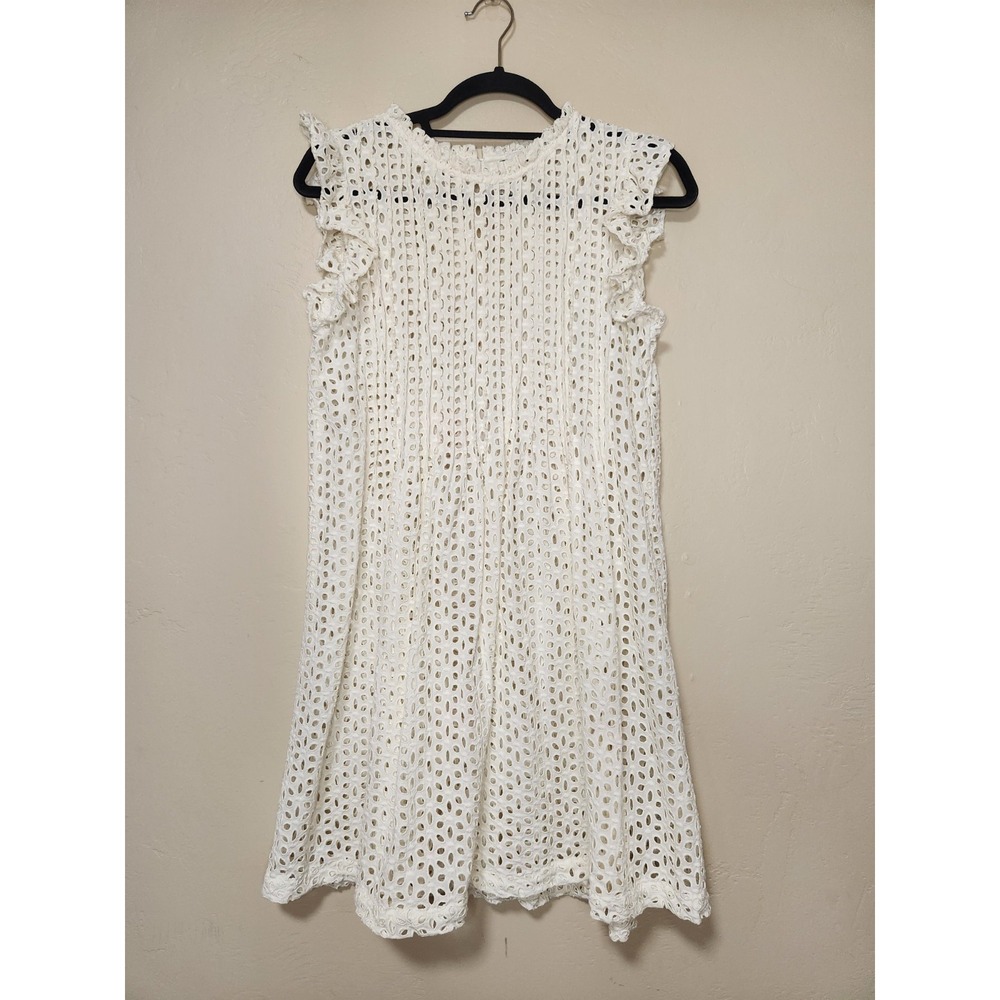 Madewell Womens Eyelet Ruffle-Sleeve Pintuck Dress Size Small White